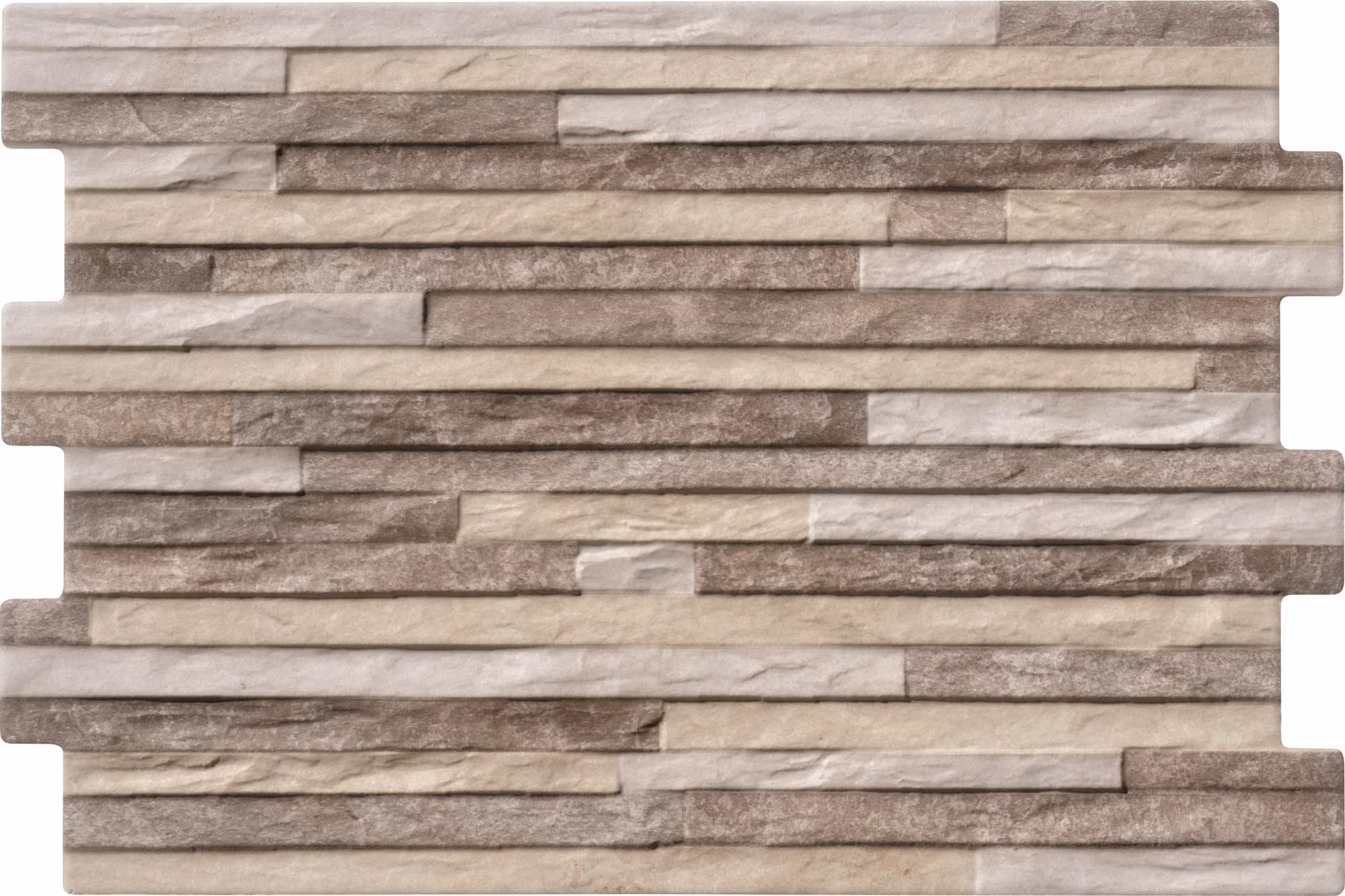 Textured wall panel with staggered horizontal stone-like blocks in various shades of gray and beige.