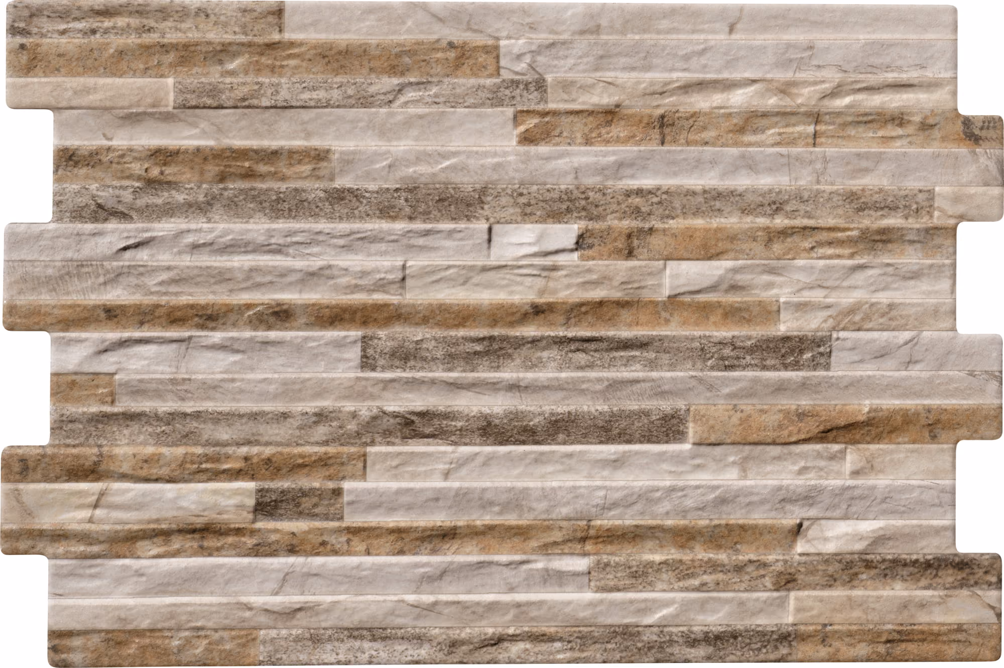Multicolor stone tile panel with beige, brown, and gray textured rectangular pieces.