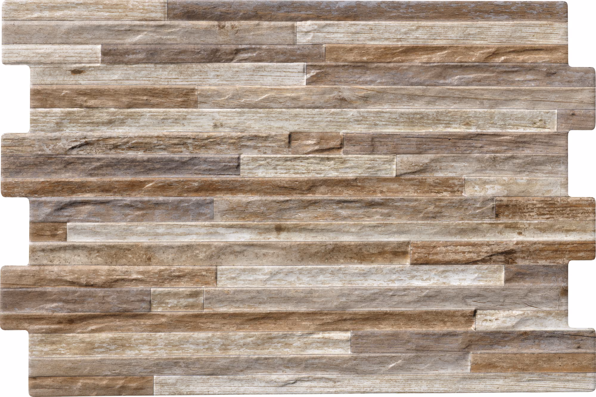 Wood-textured wall panel with varying shades of brown and gray arranged in a staggered brick pattern.