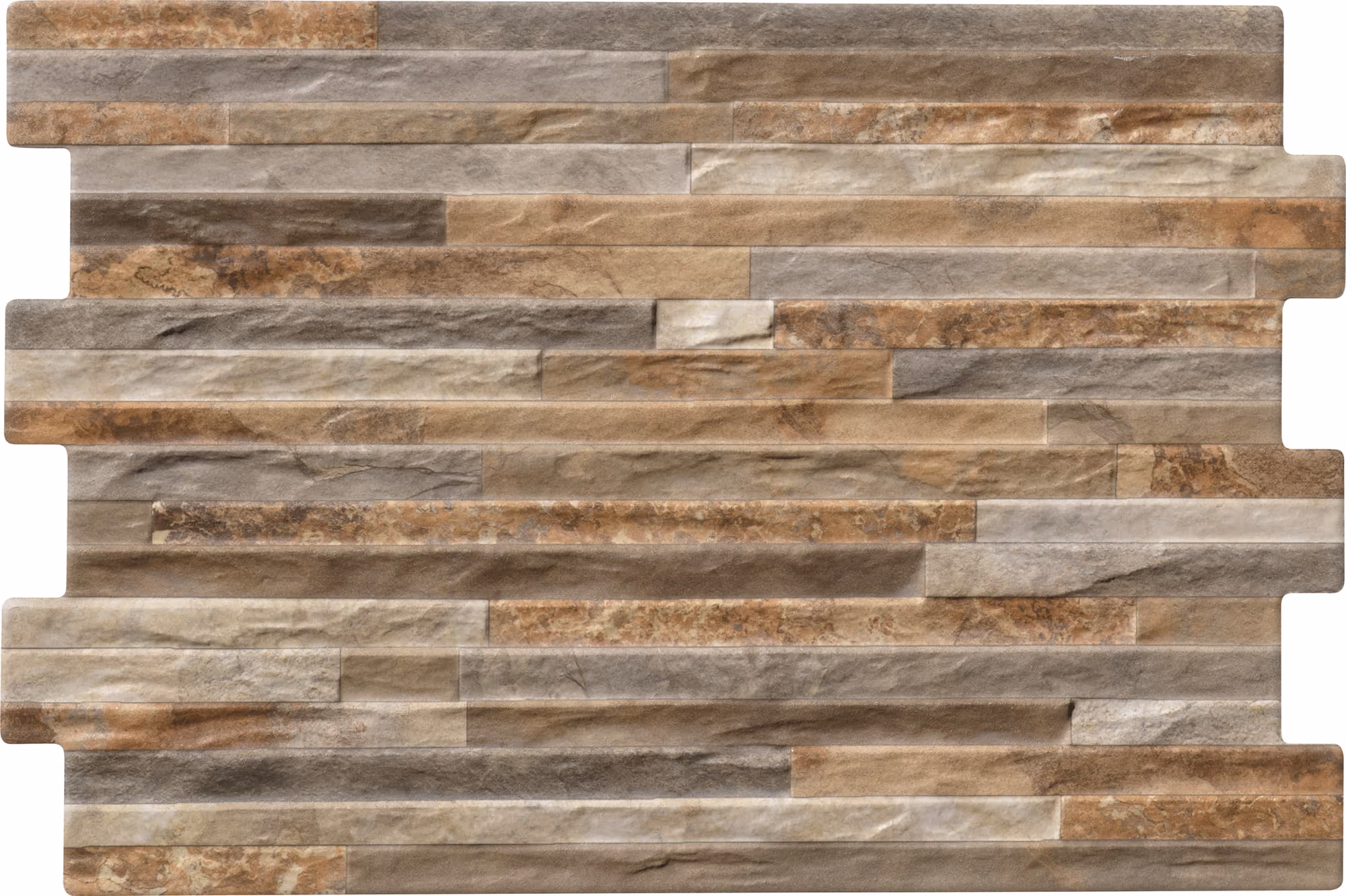Rectangular tile panel with staggered, textured stone strips in shades of brown, beige, and gray.