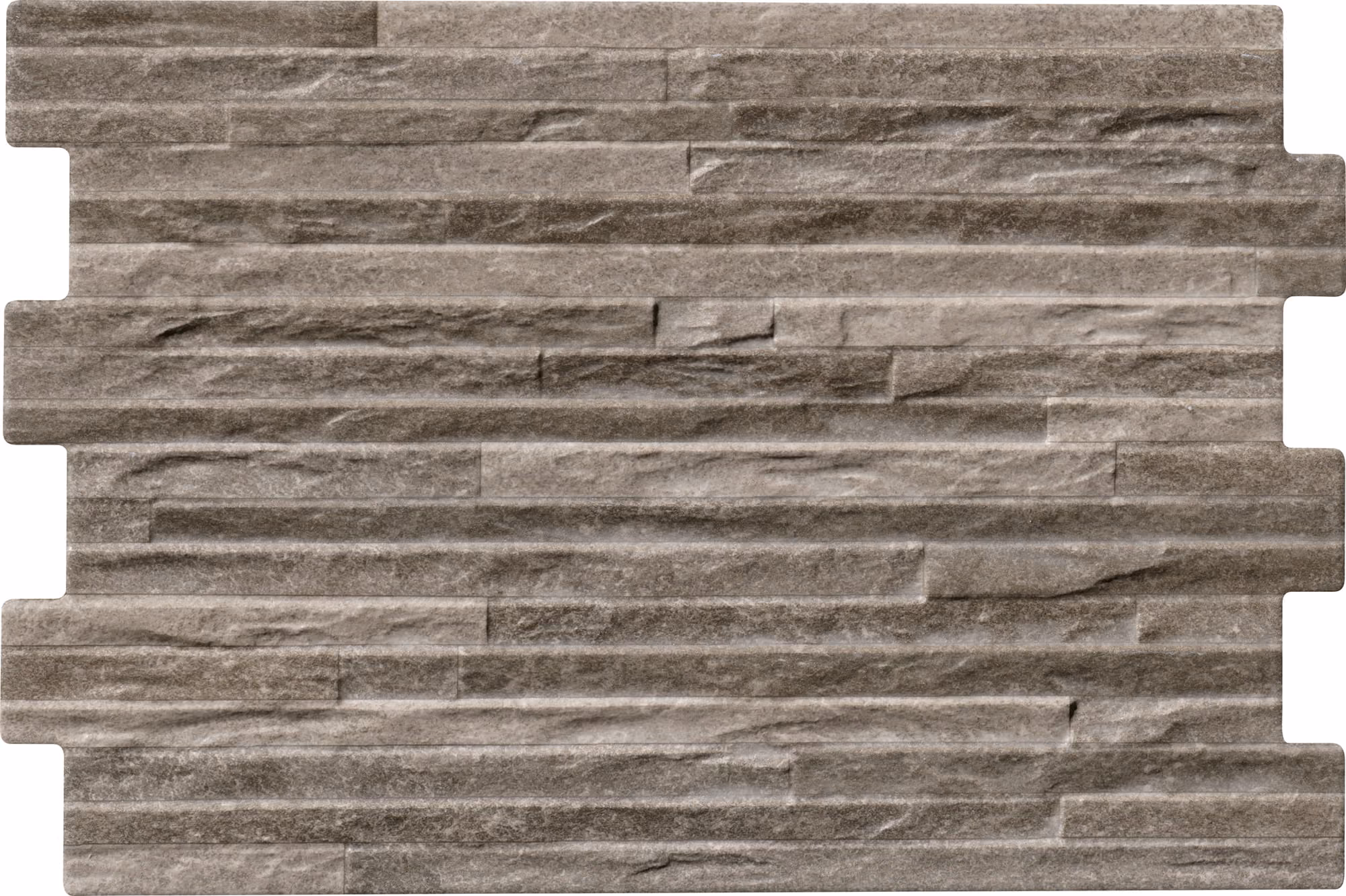 Rectangular gray stone wall tile with varied textures and horizontal linear pattern.