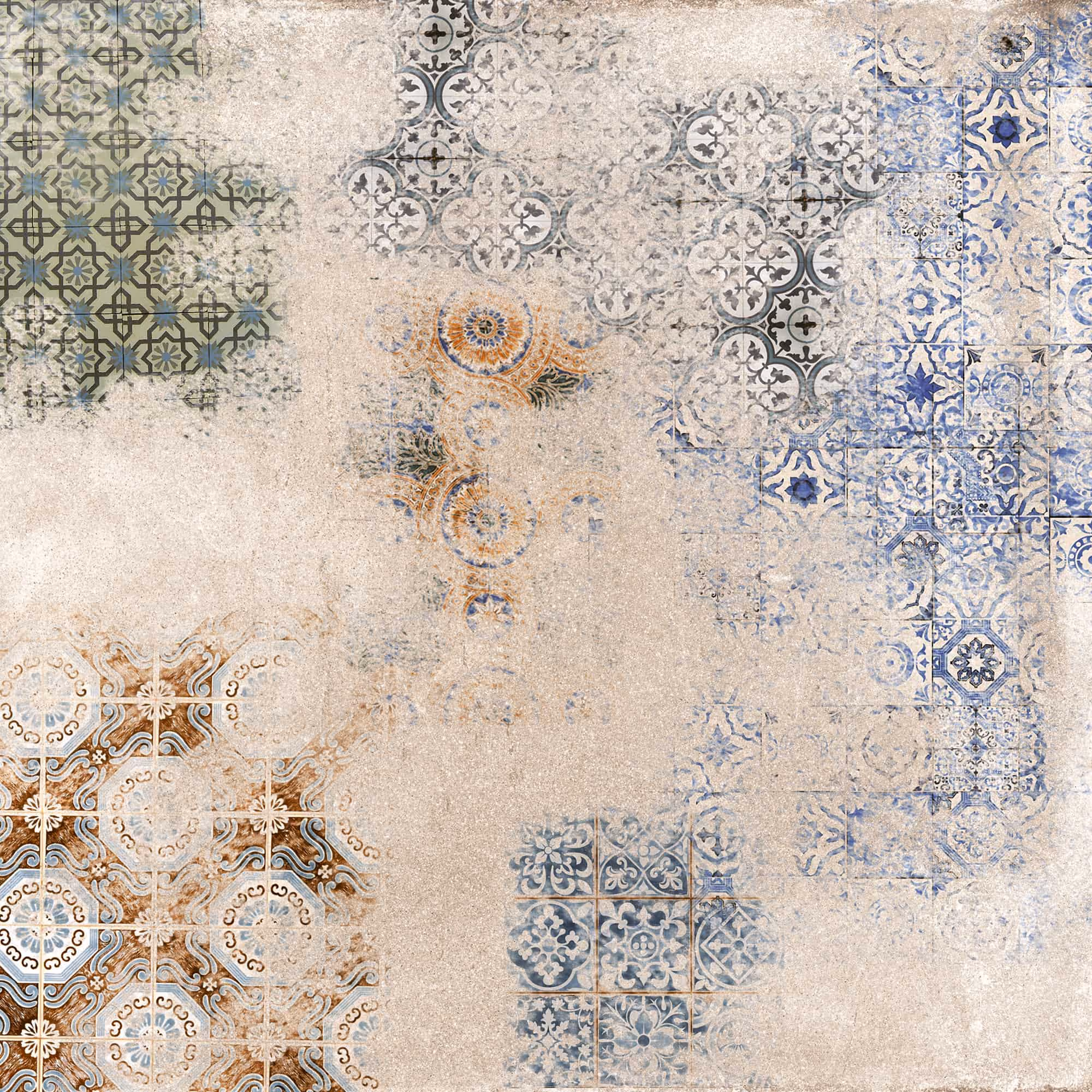 Patchwork of vintage patterned ceramic tiles with faded colors including blue, green, brown, and beige.