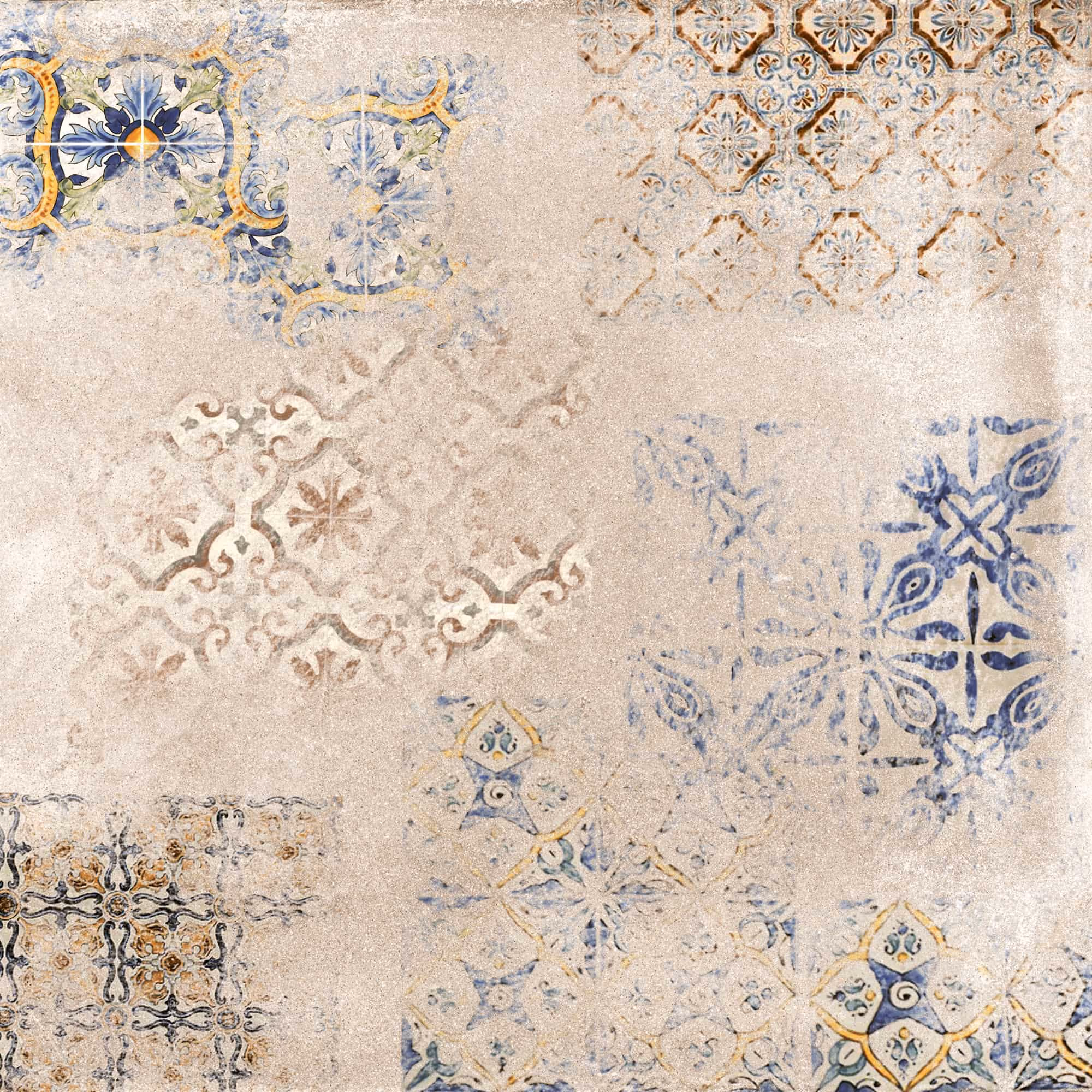 Cream tile with faded vintage floral and geometric patterns in blue, orange, and brown tones.