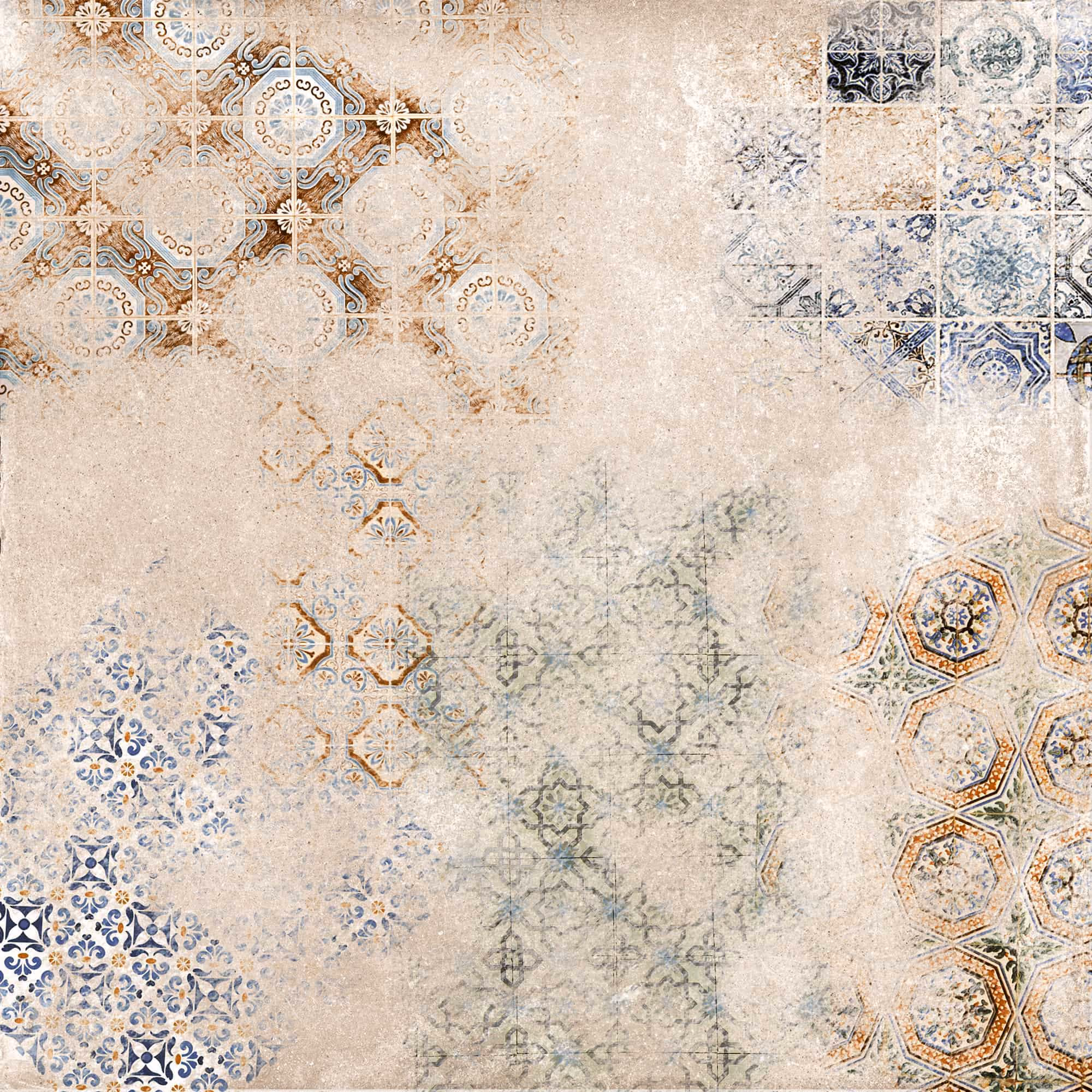 Tile pattern with faded vintage geometric designs in blue, brown, and beige tones.