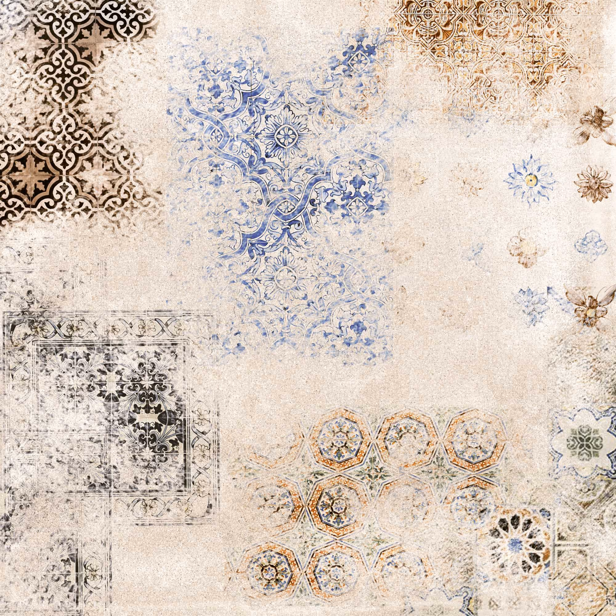 Decorative tile pattern with faded blue, brown, and black ornate designs on a cream background.