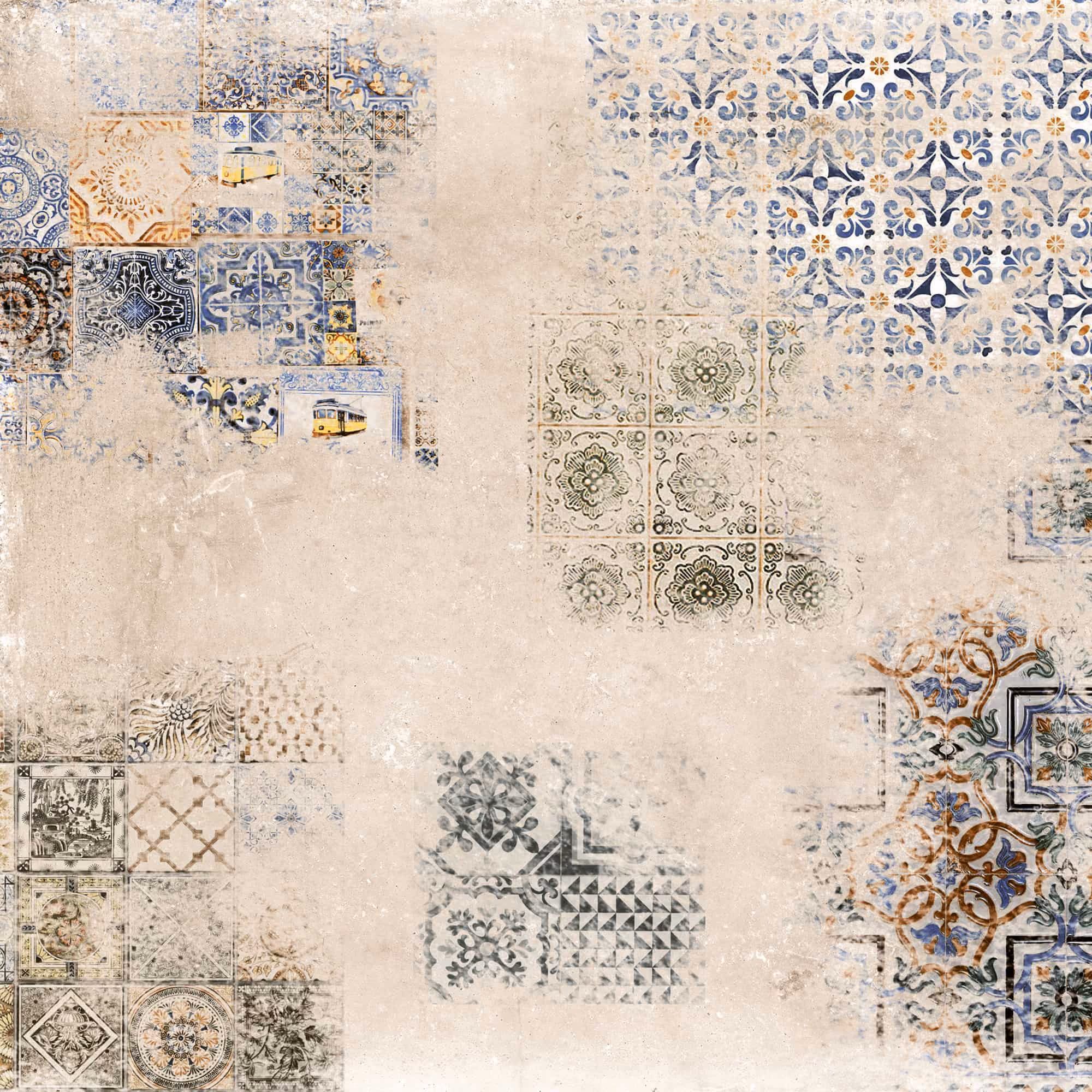 Vintage style ceramic tile design with faded floral and geometric patterns in cream, blue, and orange tones.