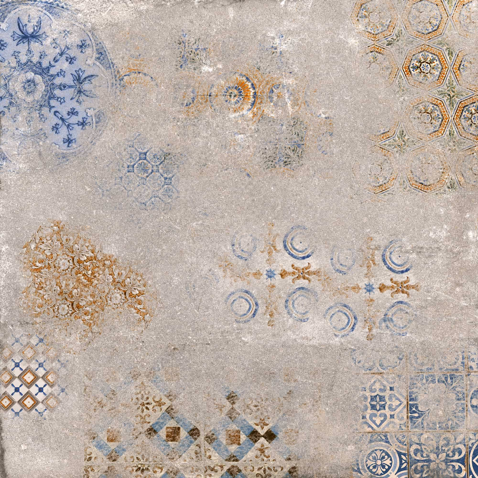 Gray textured surface with faded blue and orange vintage floral and geometric tile patterns.