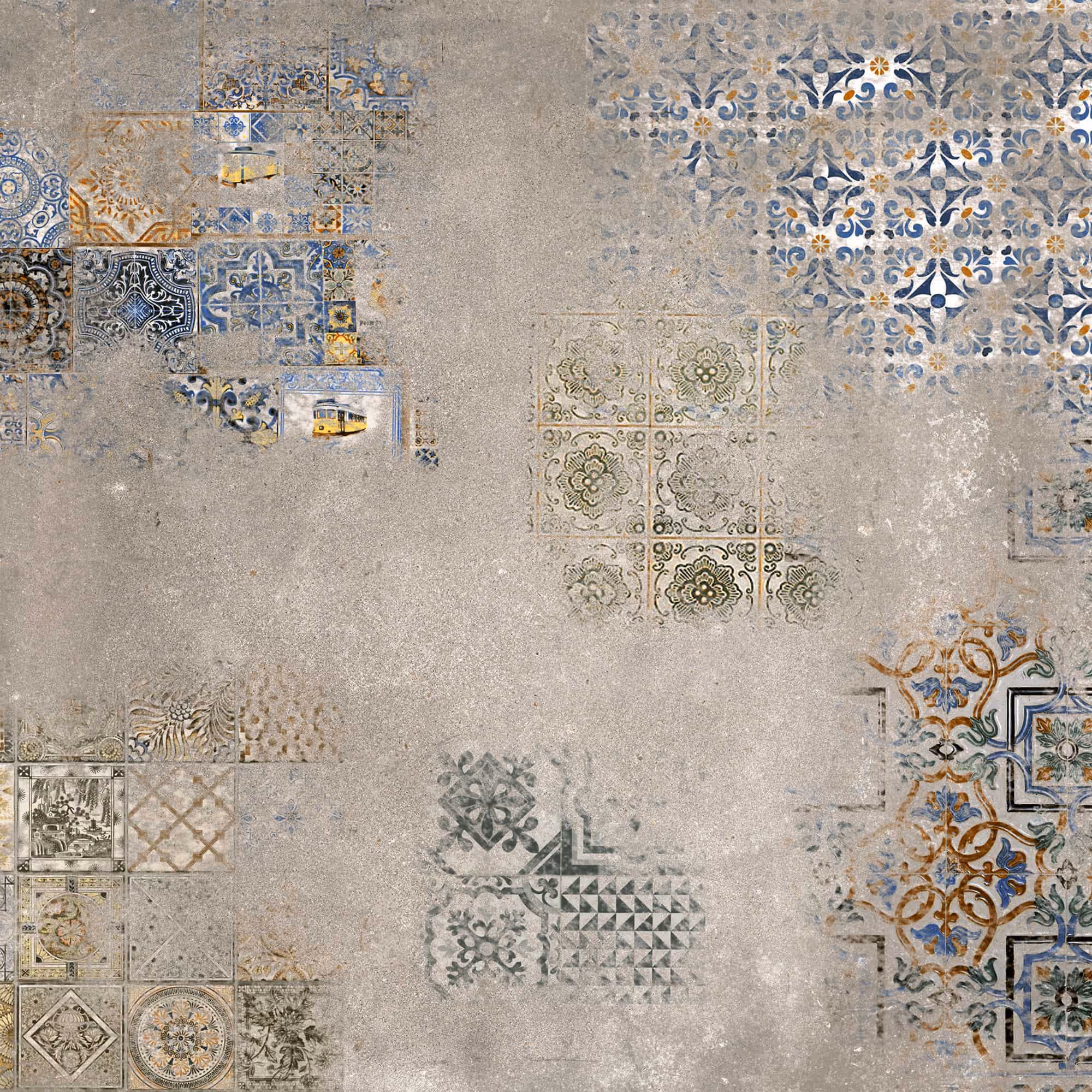 Faded patterned tiles in blue, orange, and green tones on a weathered, dusty surface.