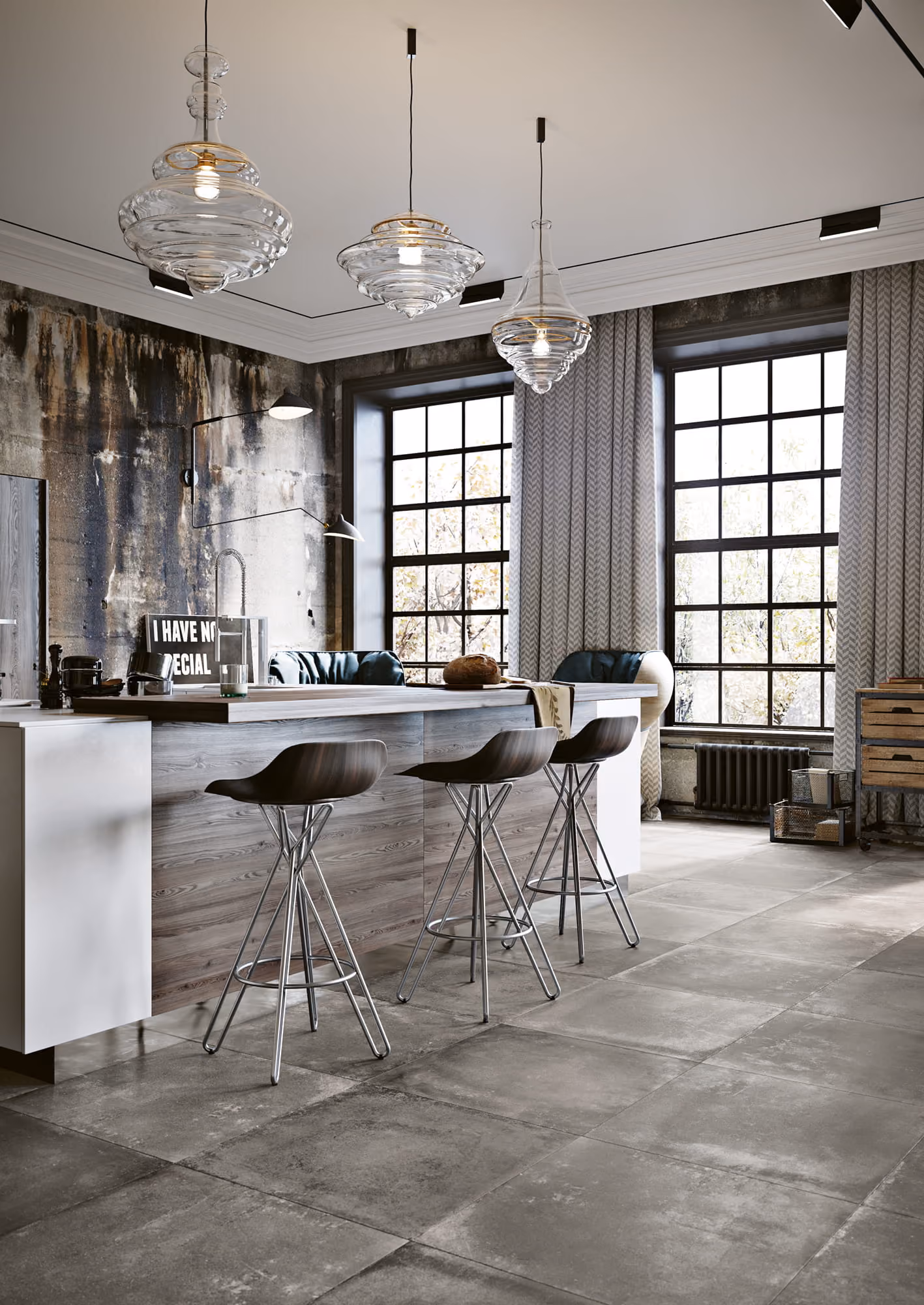 Modern kitchen with wooden island, three stools, large windows, pendant lights, and industrial decor.