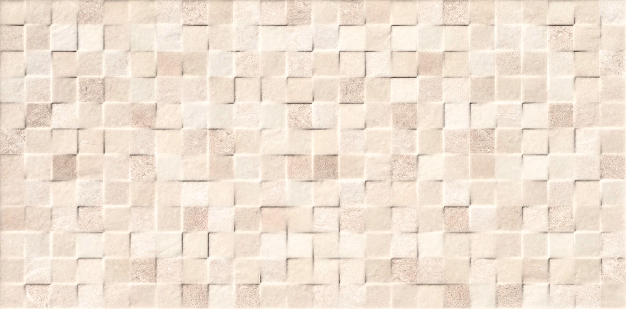 Beige mosaic wall with textured square tiles in varying shades and depths.