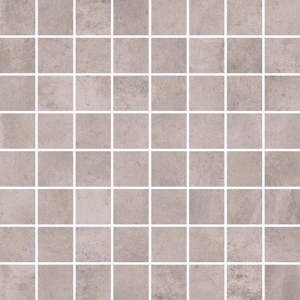 Grid of small square tiles with a textured, stone-like grey surface and white grout lines.