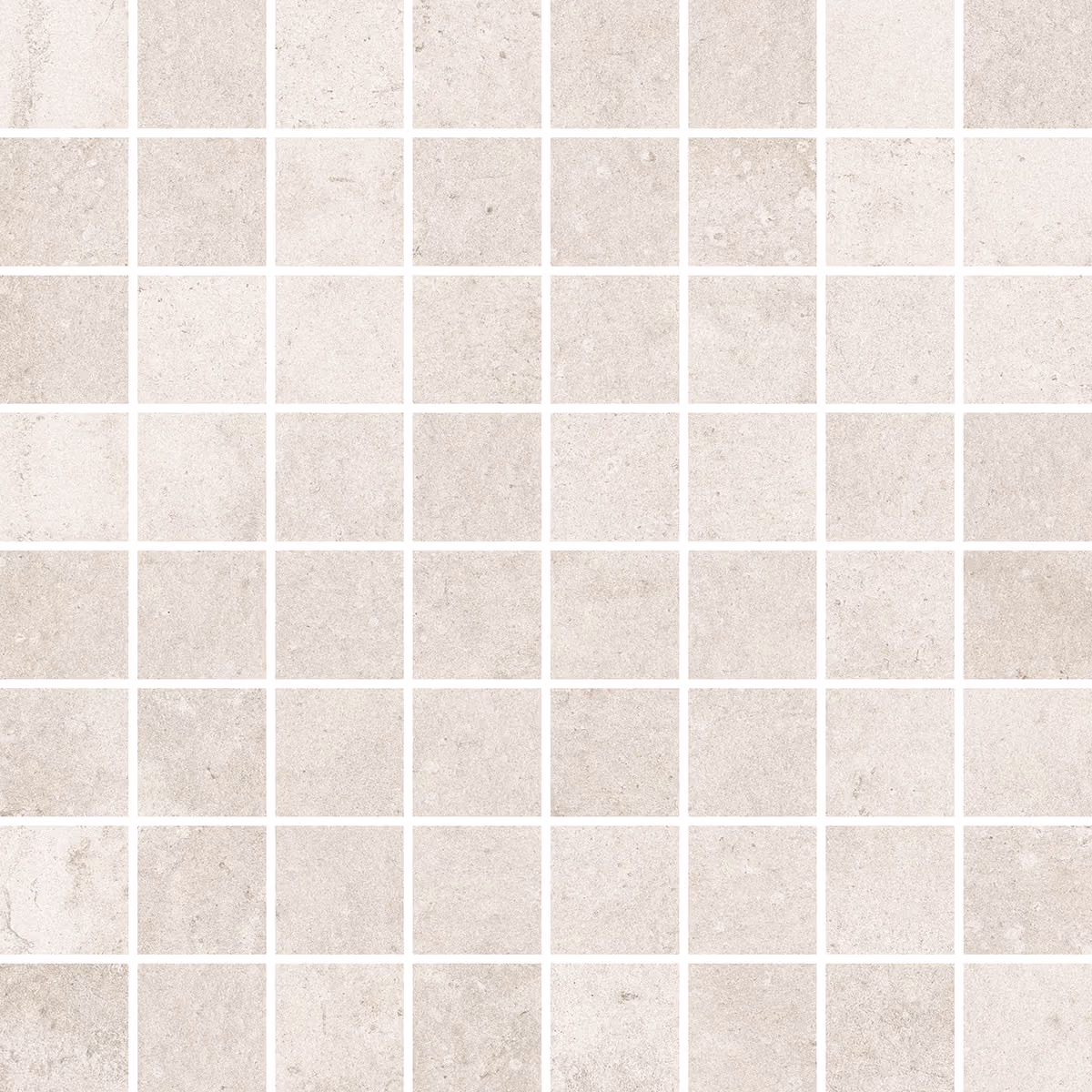 Grid of light beige textured stone tiles arranged in a square mosaic pattern with white grout.