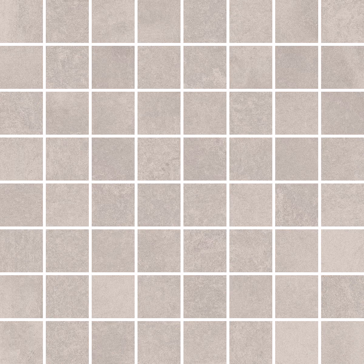 Grid of light grey square mosaic tiles with subtle textured stone patterns.