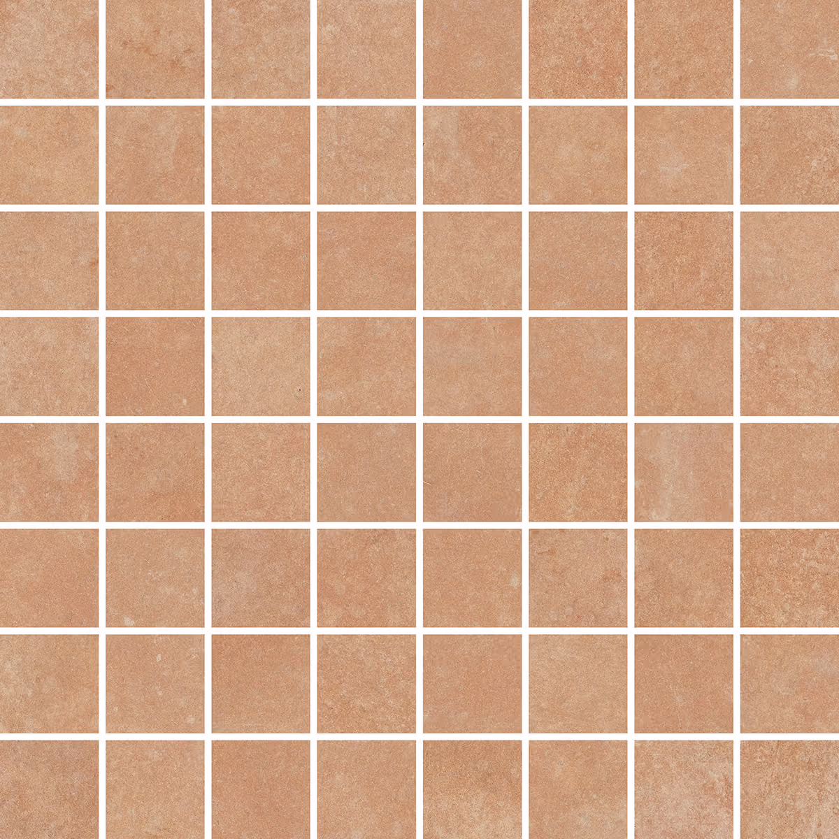Grid of square terracotta tiles with slight color variations and white grout lines.
