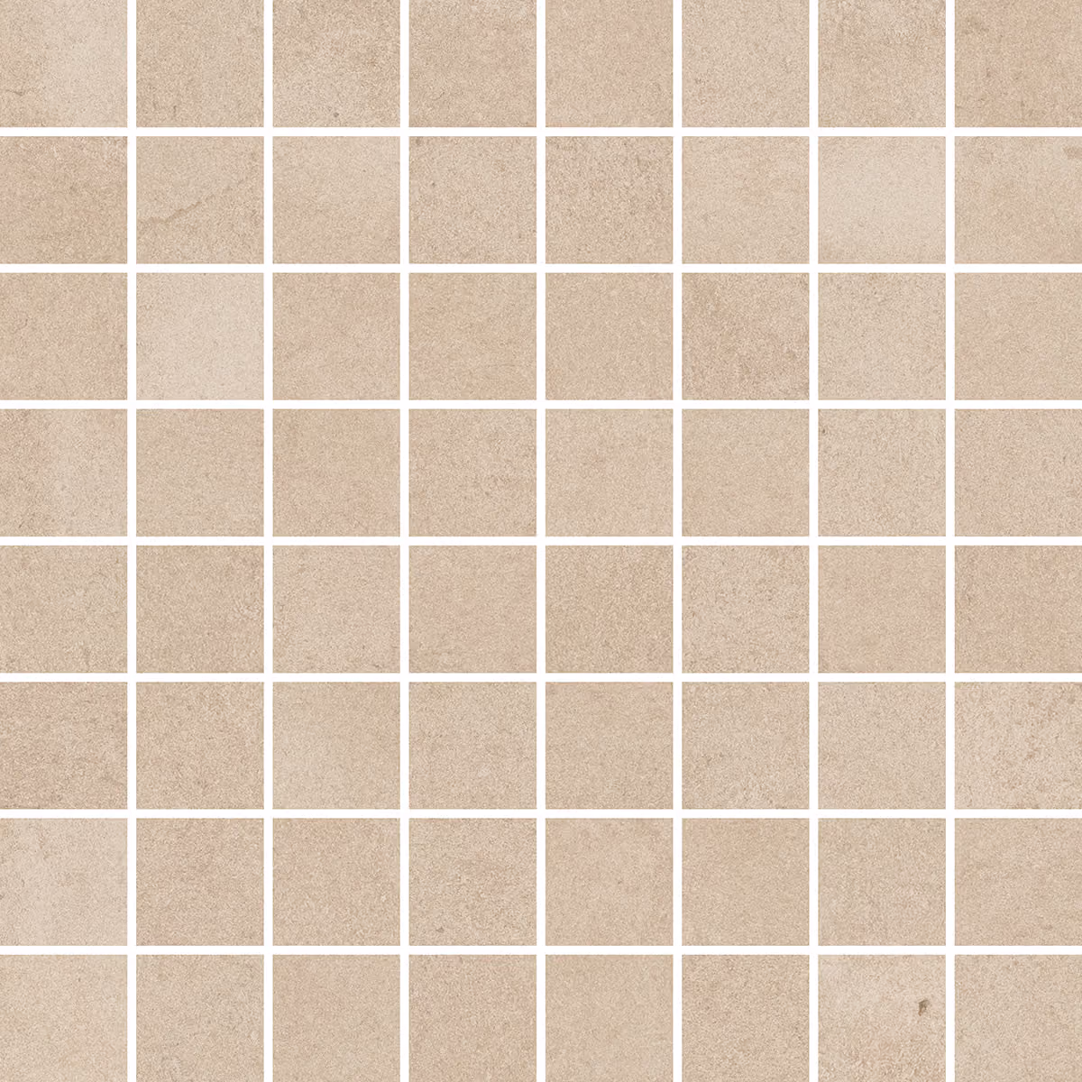 Grid of beige mosaic tiles with subtle texture and white grout lines.
