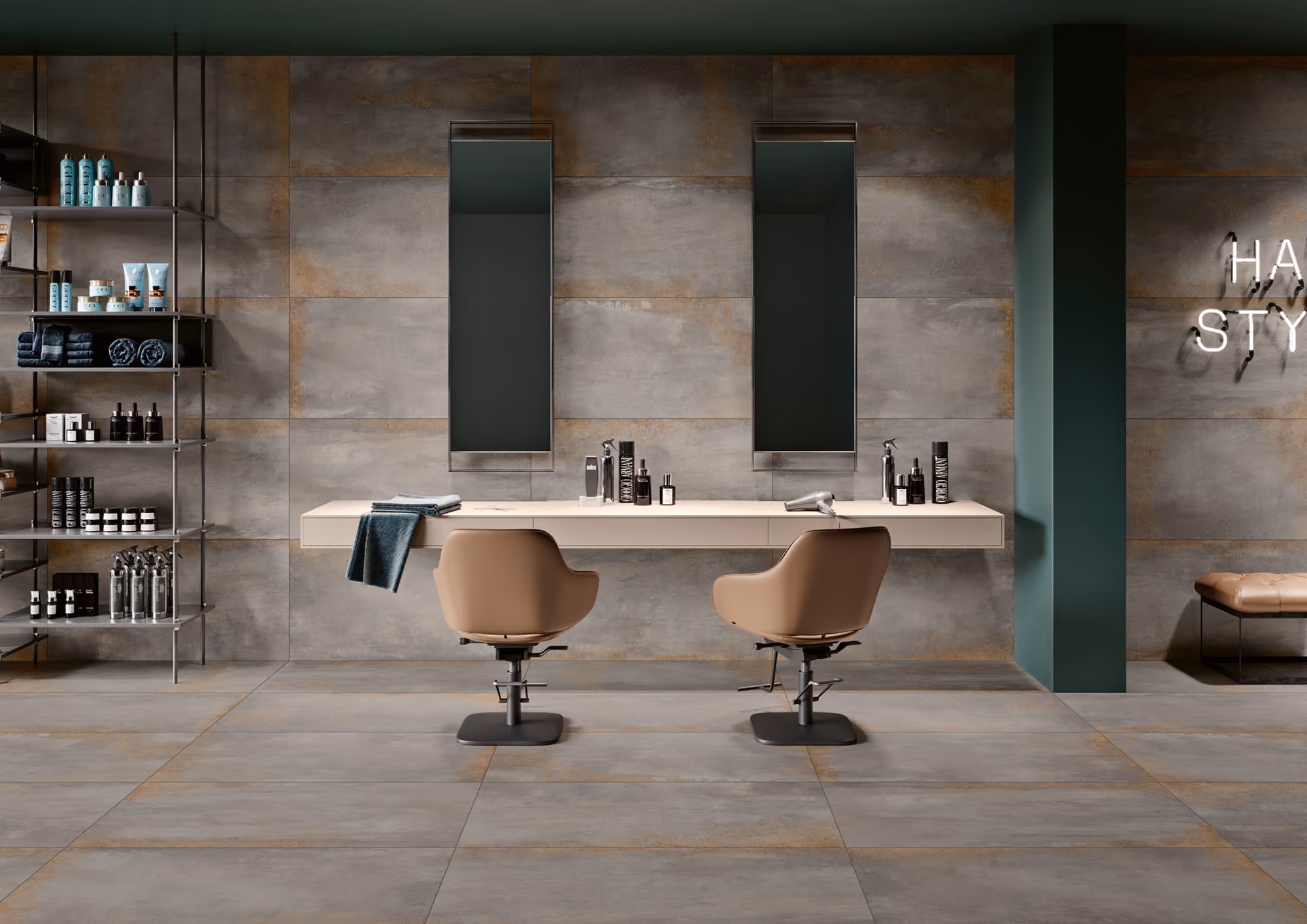 Modern hair salon with two styling chairs, large mirrors, shelves of hair products, and sleek decor.