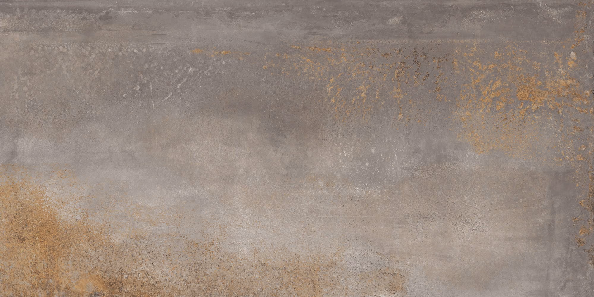 Gray metallic surface with rust and weathered textures spreading across it.