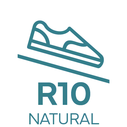 Icon of a shoe on a slanted surface labeled R10 Natural slip resistance rating.