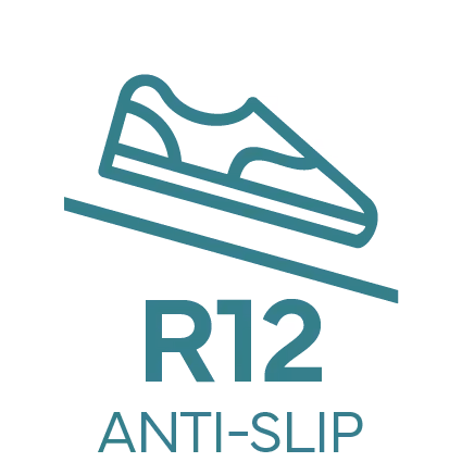 Icon of a shoe on an inclined surface labeled R12 anti-slip rating.