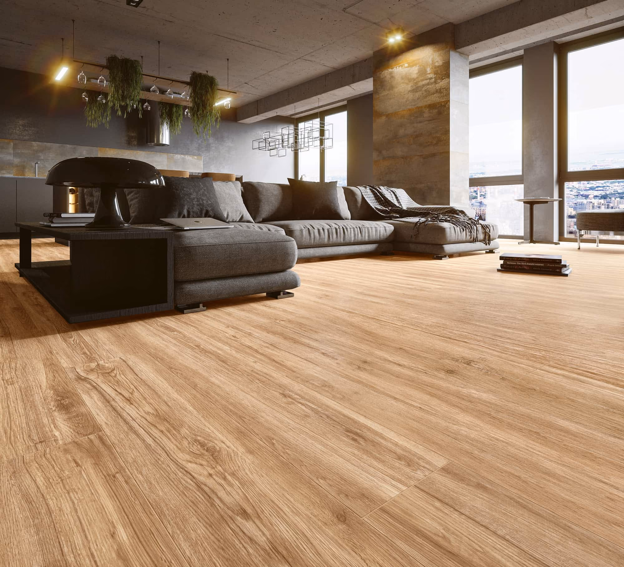 Spacious modern living room with light oak wood flooring, gray sectional sofa, and large windows.