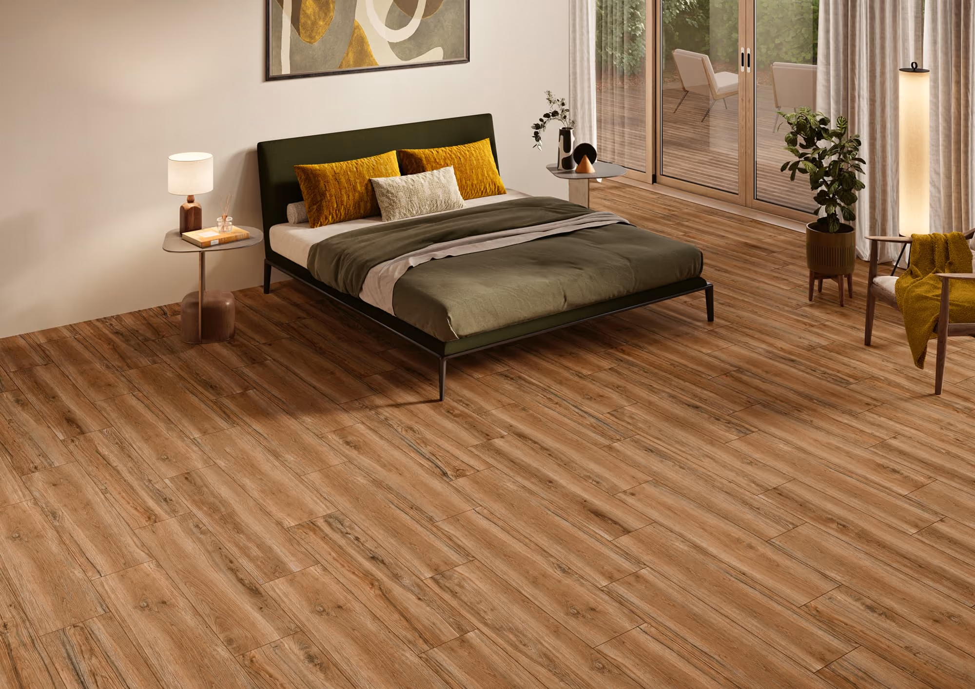 Modern bedroom with wood plank flooring, olive green bed and mustard pillows near sliding glass doors.