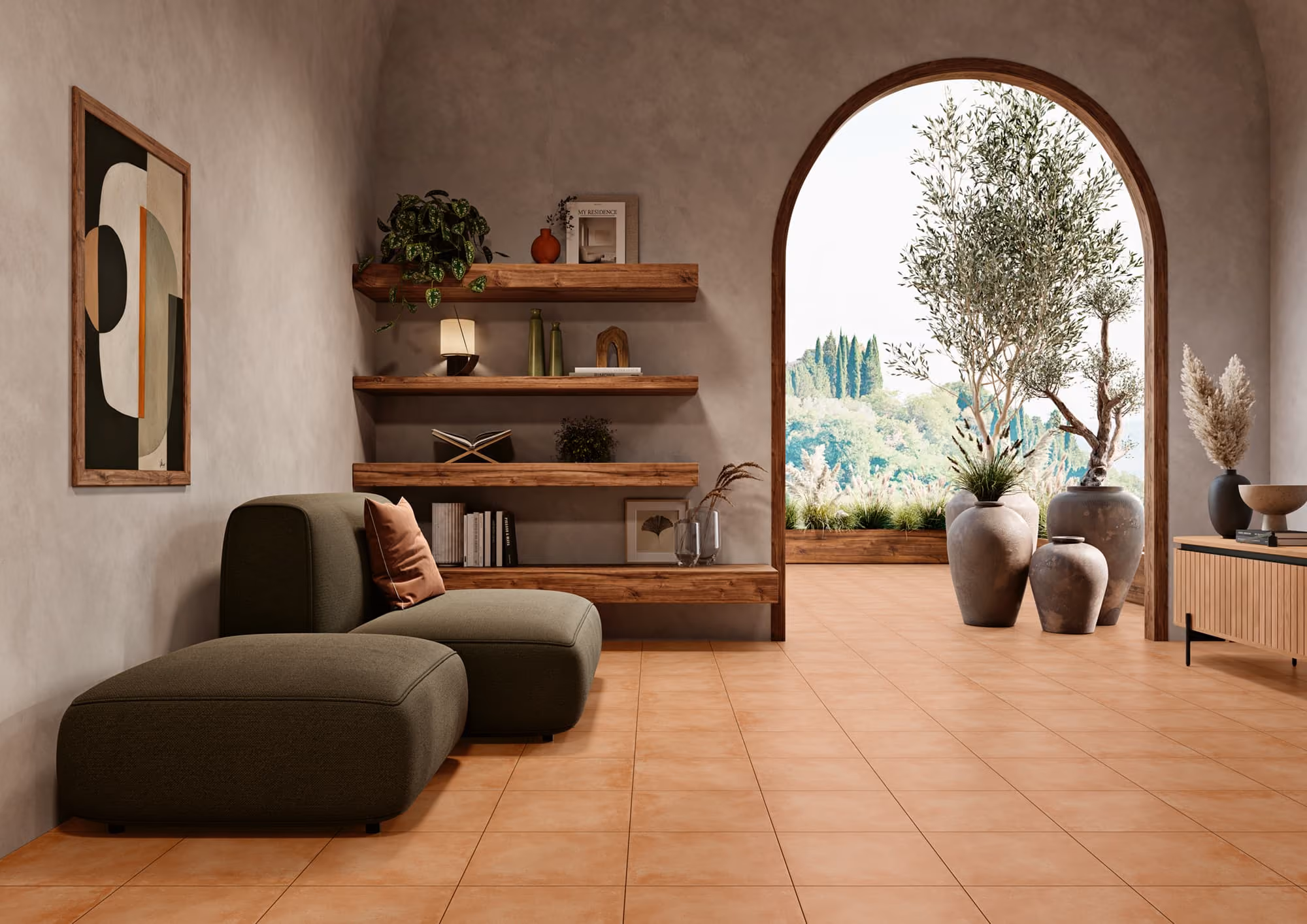 Modern living space with olive green chaise lounge, wooden shelves, and arched doorway to outdoor plants.