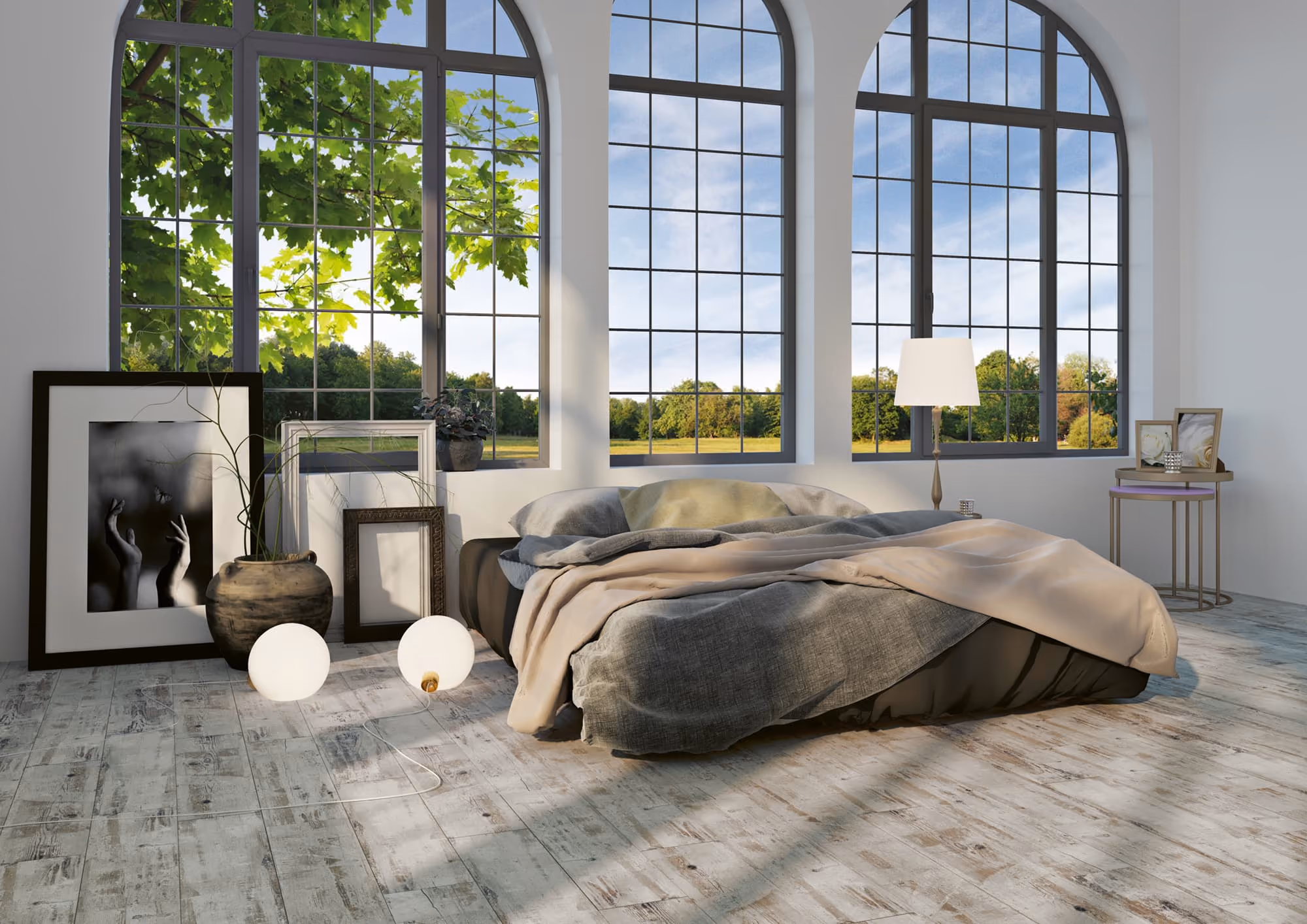 Modern bedroom with large arched windows, cozy bed, floor lamps, framed art, and a scenic outdoor view.