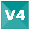 Silver letters V4 centered on teal background with radial shading.