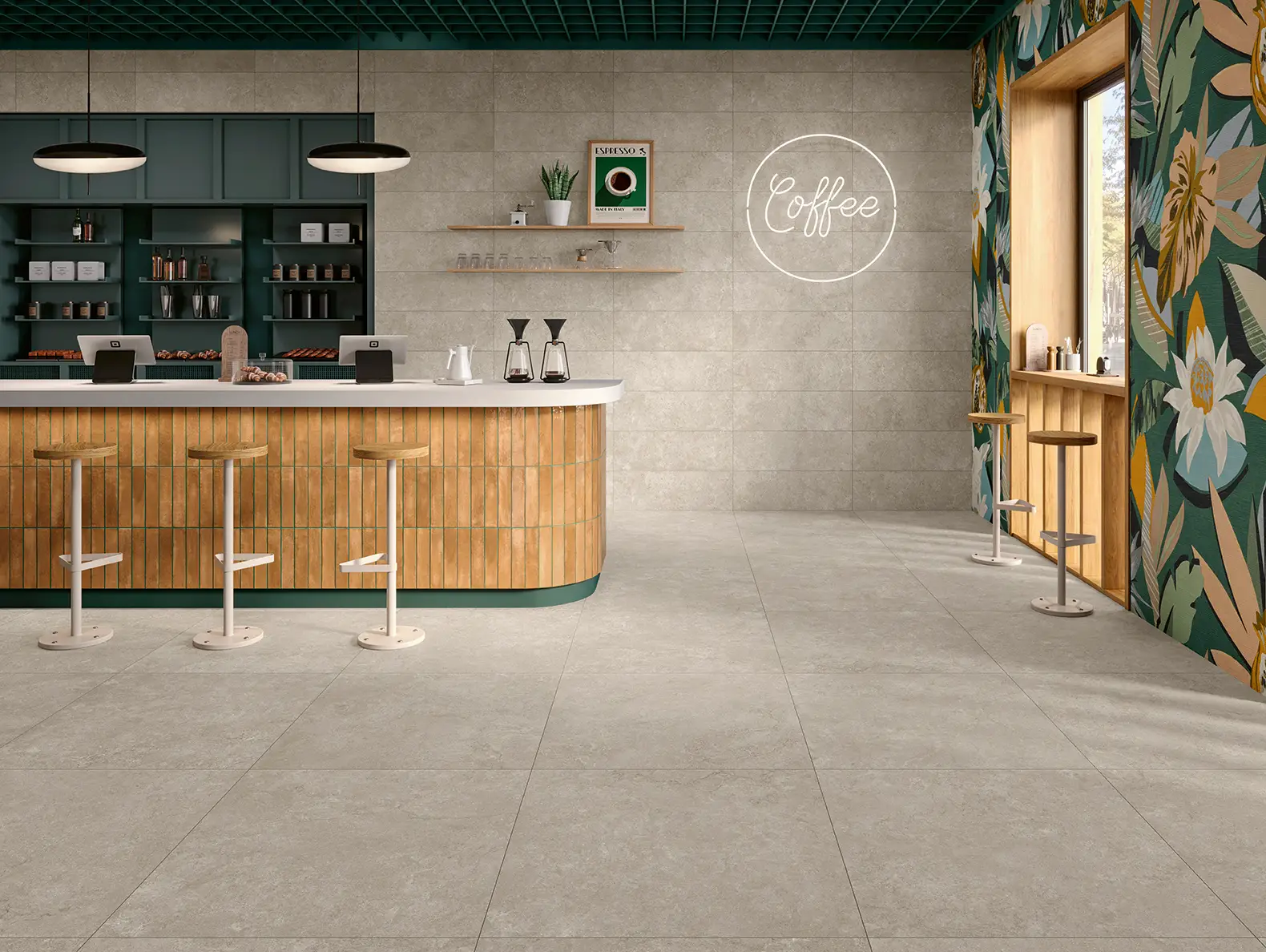 Modern coffee shop interior with light stone tile floor, wooden bar stools, and floral wallpaper by window.