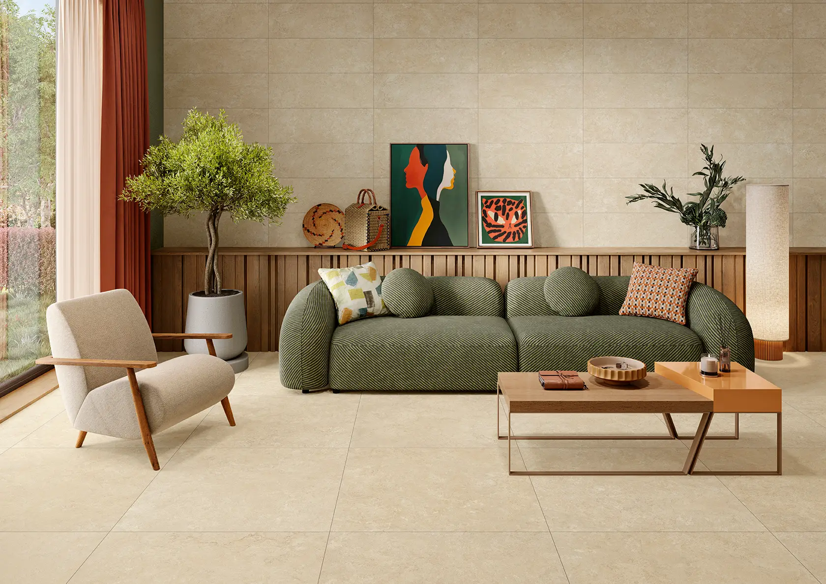 Modern living room with olive green sofa, beige armchair, wooden coffee table, and decorative plants.