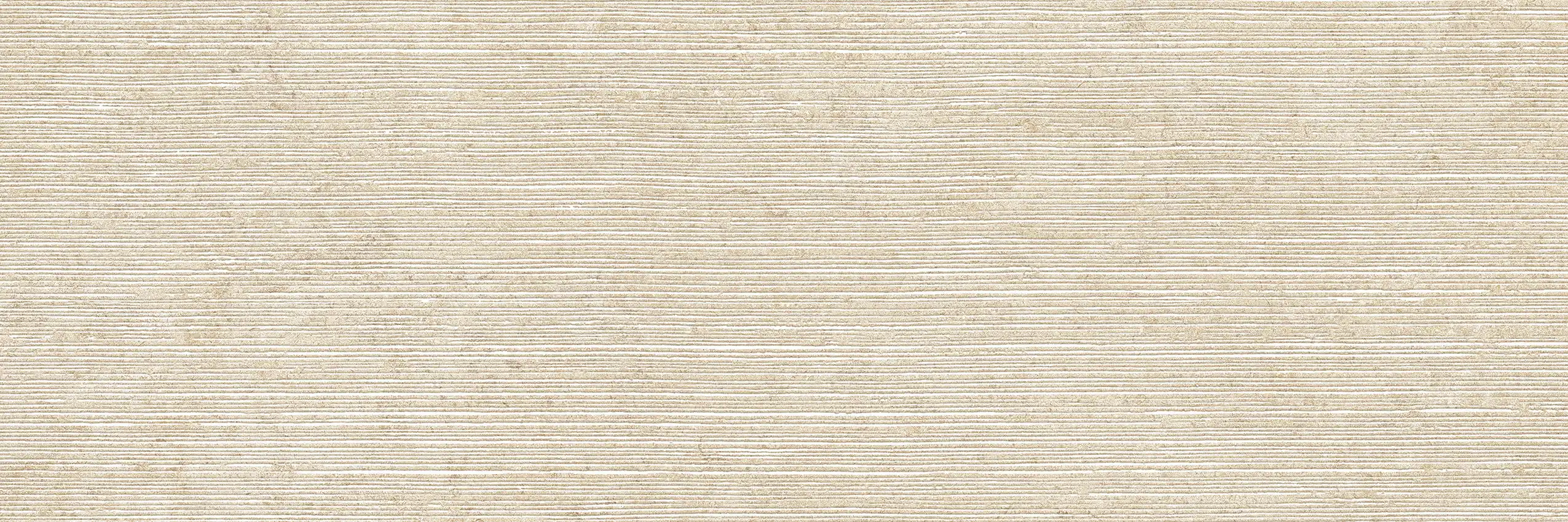 Textured beige stone surface with horizontal grooves in a repeating pattern.