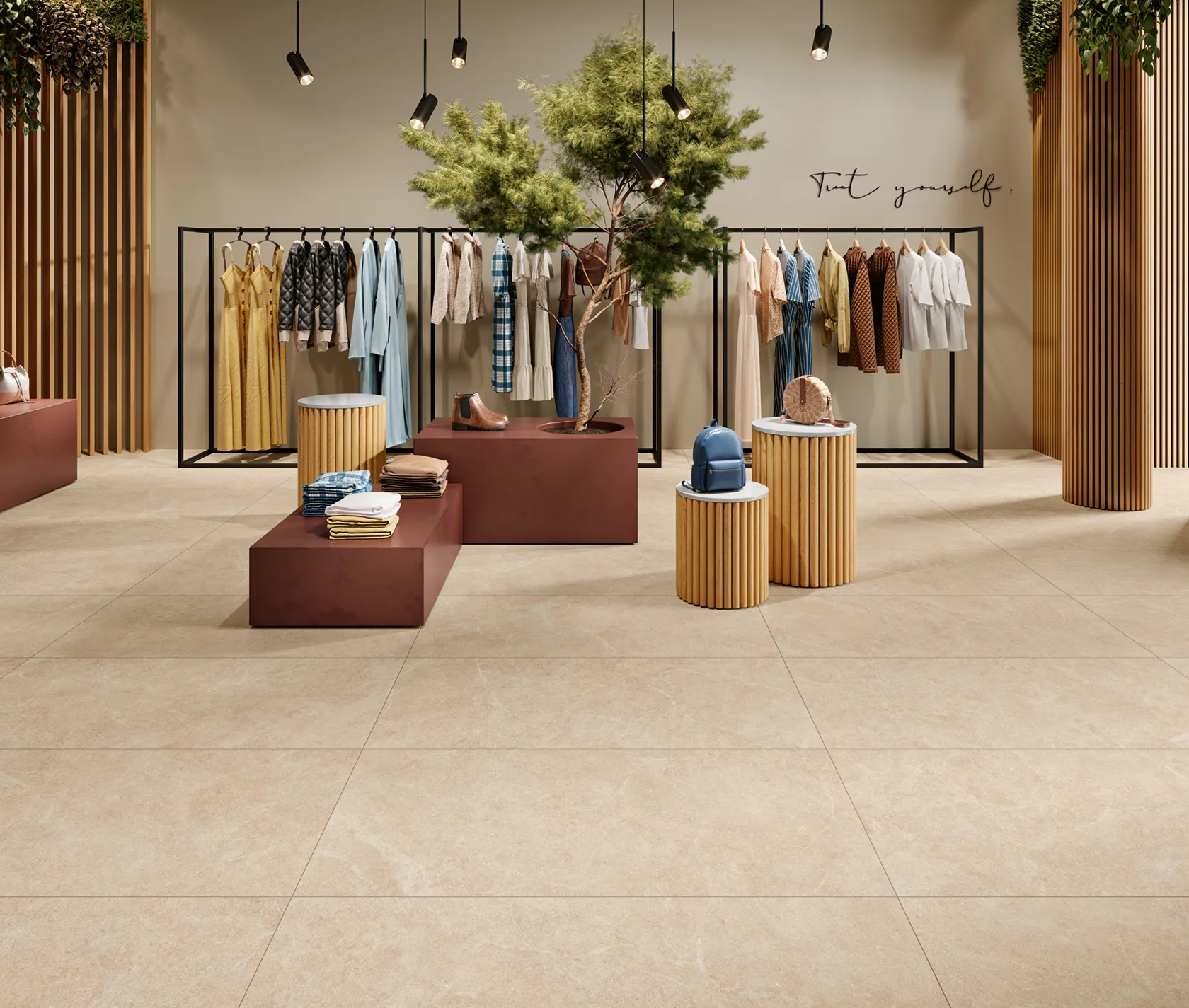 Modern clothing store interior with beige tiled floor, clothes racks, and plants for decor.