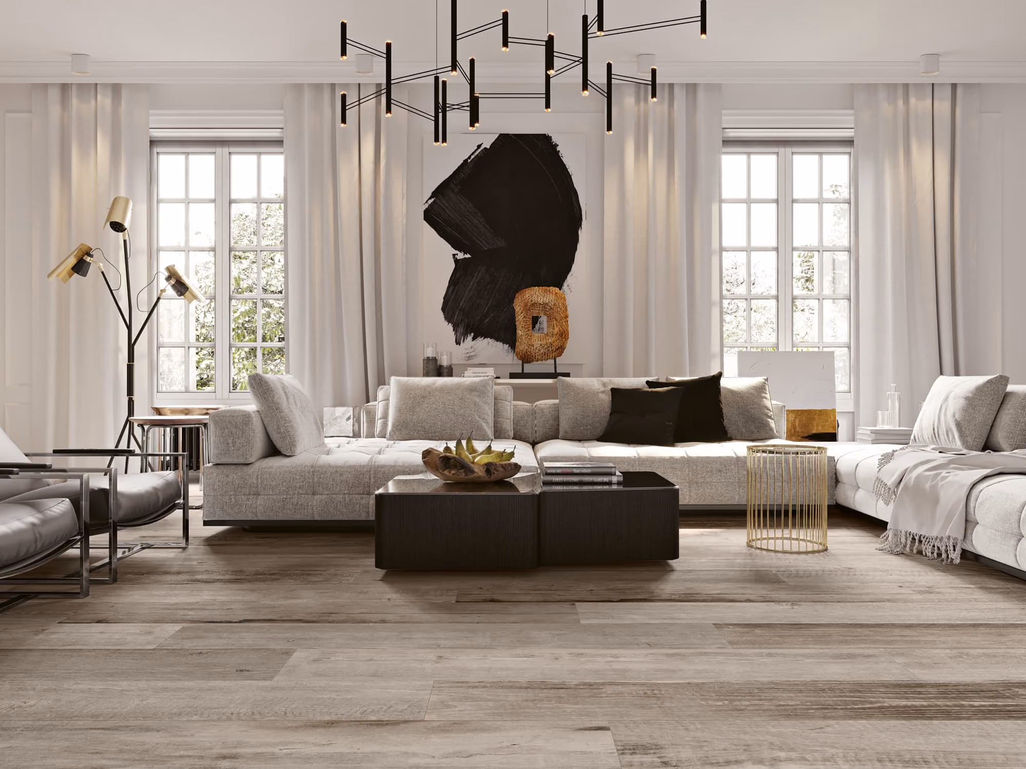 Modern living room with beige sectional sofas, black coffee table, and abstract black wall art.