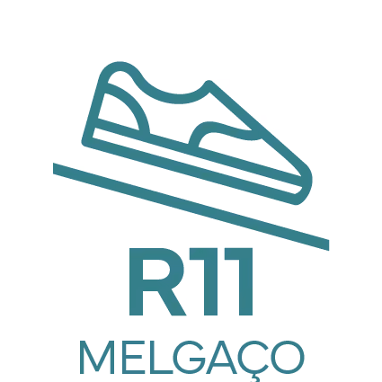 R11 Melgaço anti-slip shoe rating symbol with a shoe icon on a downward slope.