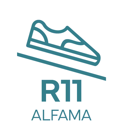 Shoe icon on an inclined surface with text R11 ALFAMA below.