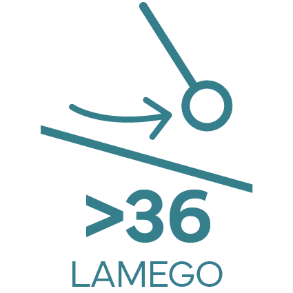 Symbol with arrow pointing right to a circle above a slanted line and text >36 LAMEGO.