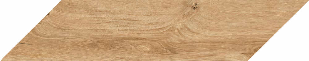 Light beige wood plank with natural grain and knots, cut in a chevron pattern.