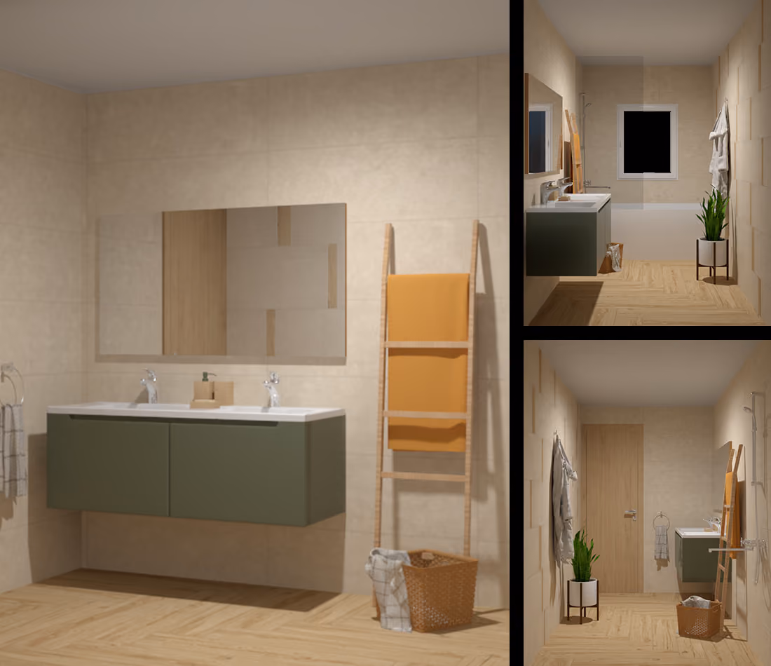 Modern bathroom with dual sink vanity, rectangular mirror, wooden towel ladder, and wicker basket on wood floor.