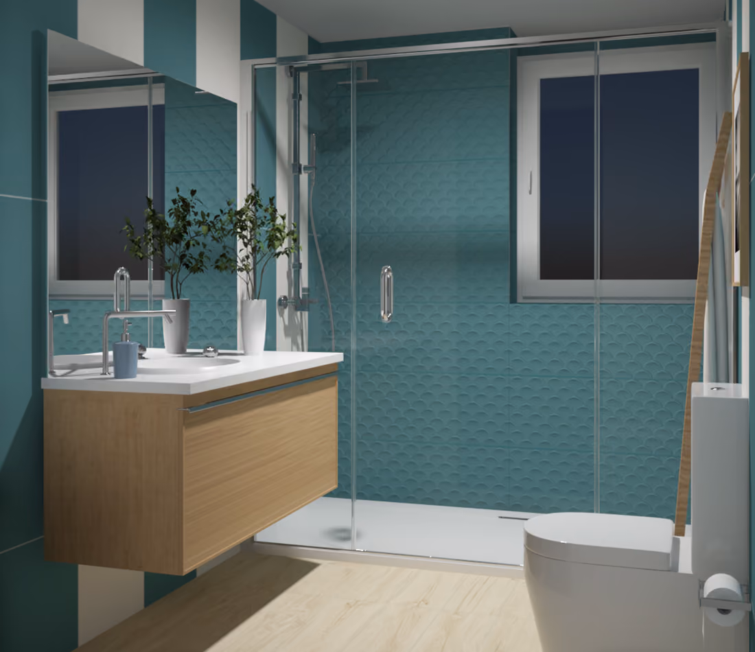 Modern bathroom with wooden vanity, white sink, green tiled wall, glass shower, and toilet.