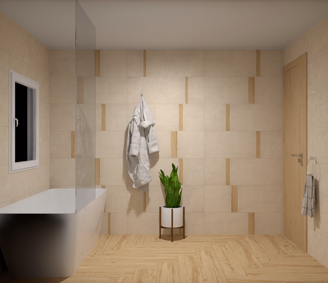 Minimalist bathroom with beige tiled walls, wood floor, white bathtub, hanging robe, and potted plant.