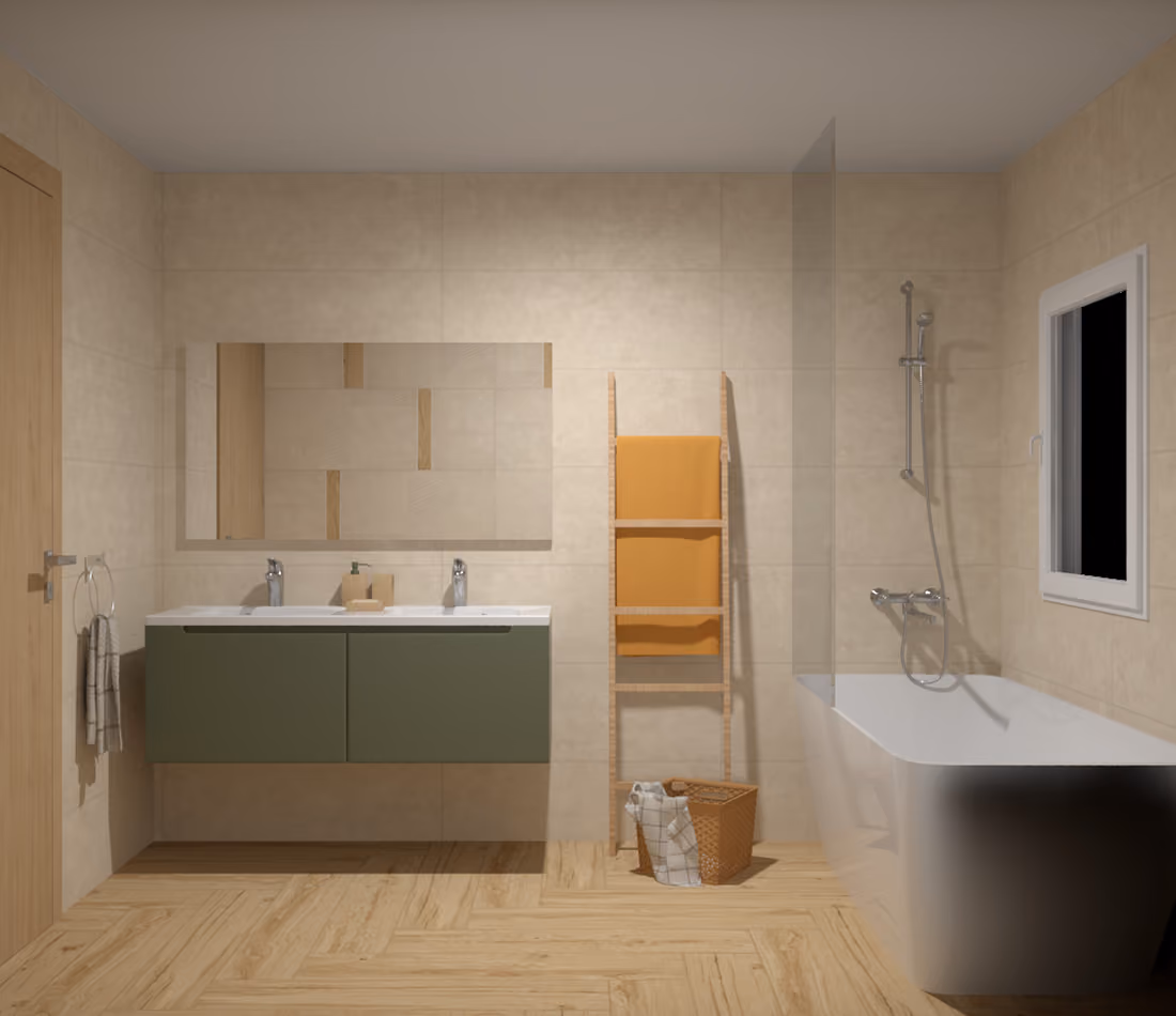 Modern bathroom with double sink vanity, large mirror, ladder towel rack, and bathtub with showerhead.