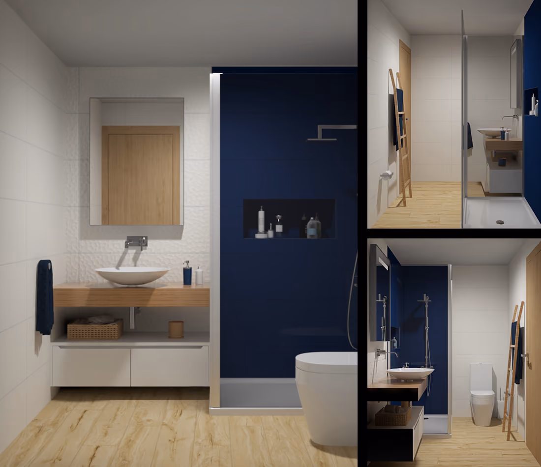 Modern bathroom with wood floor, white sink, blue shower wall, glass shower door, and wooden ladder shelf.