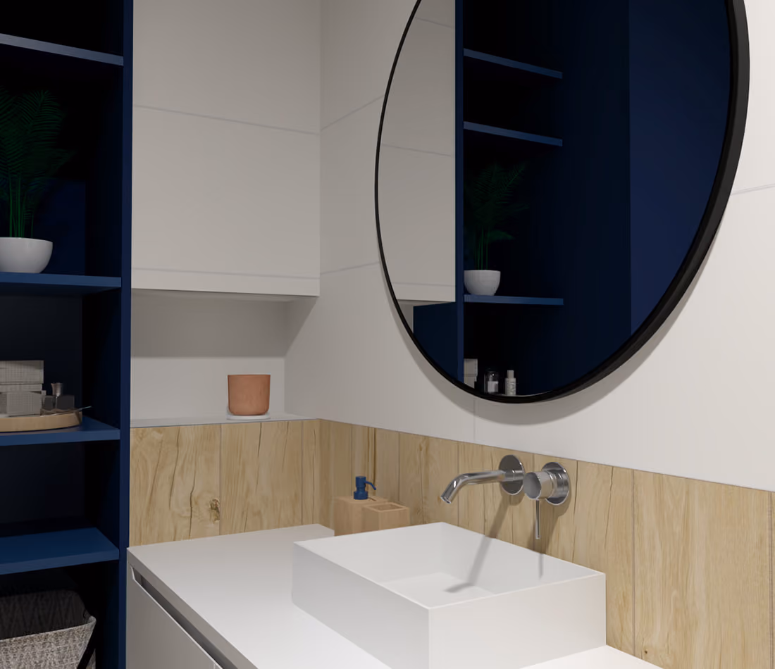 Modern bathroom sink with wall-mounted faucet, round mirror, wooden backsplash, and dark blue shelving.