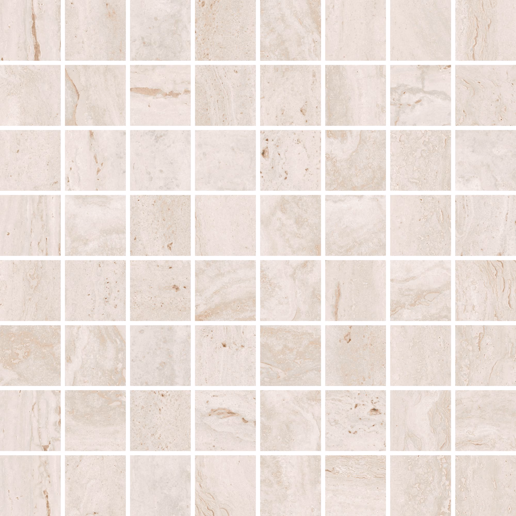 Grid of beige and cream marble tiles with natural stone veins and textures.