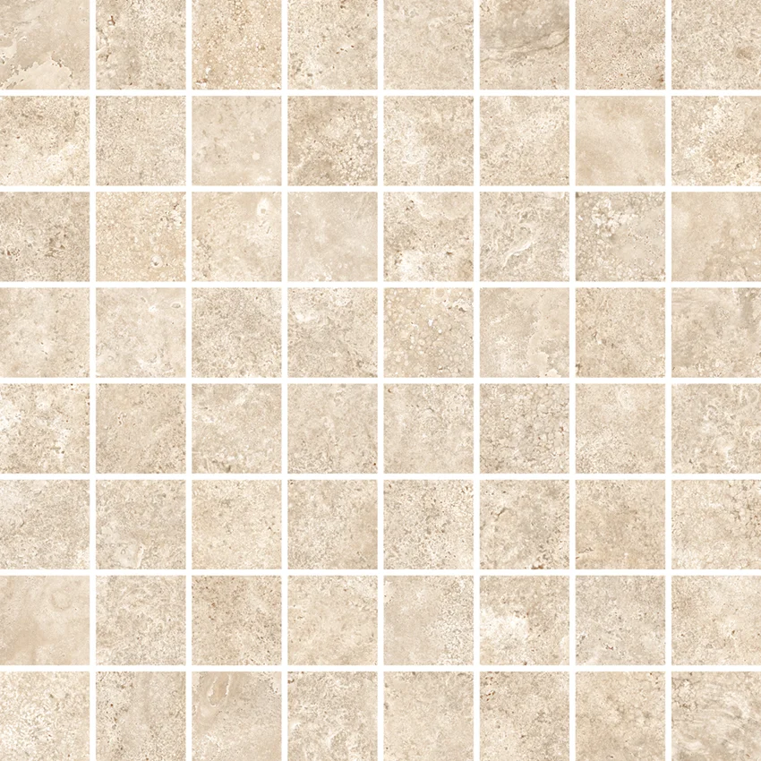 Beige mosaic tiles with natural stone texture arranged in a grid pattern with white grout lines.