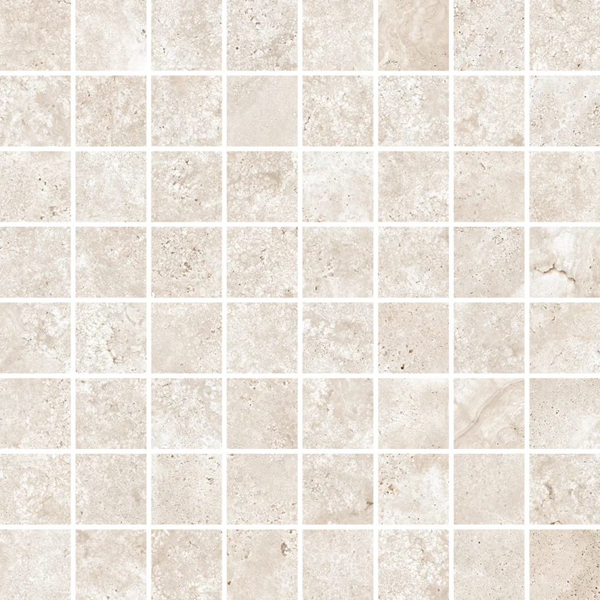 Square beige mosaic tiles with subtle natural stone texture arranged in a grid pattern.