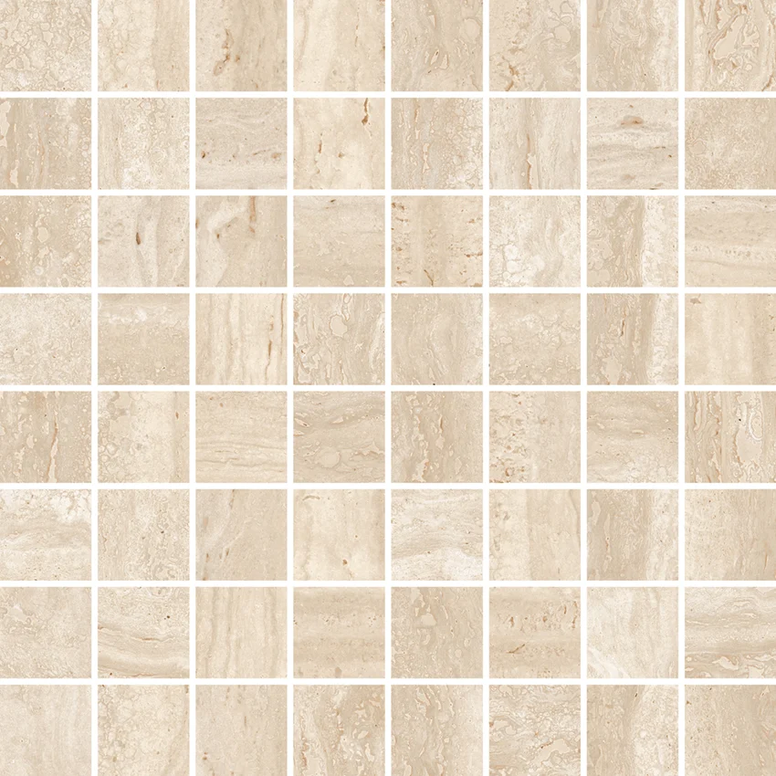 Grid of beige velvet vein stone mosaic tiles with natural vein and texture patterns.