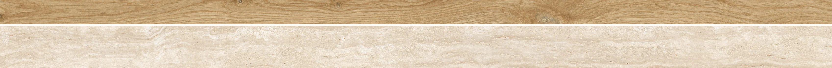 Horizontal wooden plank on top and beige marble texture below with natural veins.