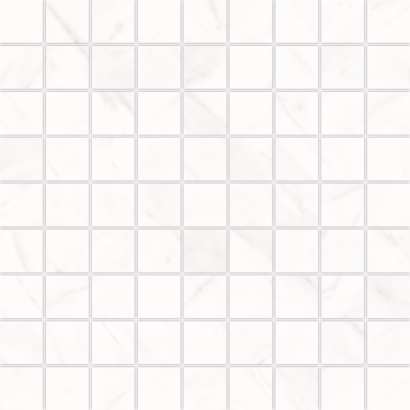 Grid of small white square tiles with subtle gray marble veining and light gray grout lines.