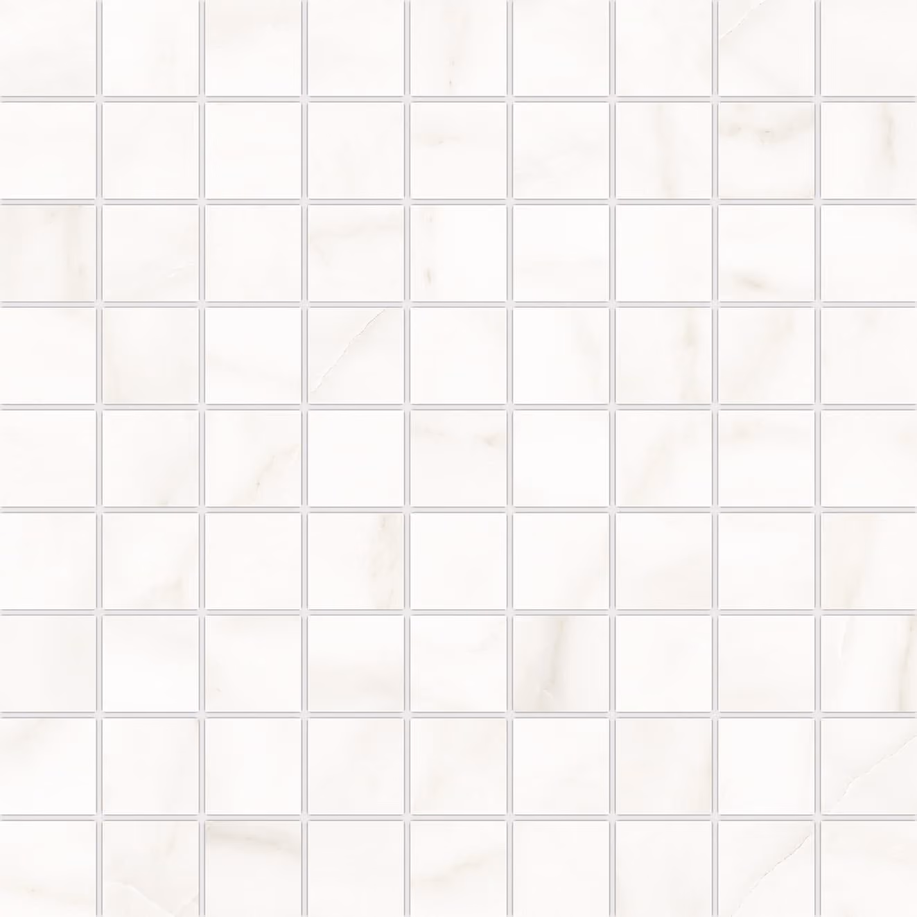Square mosaic tiles with a white marble pattern and subtle beige veining.